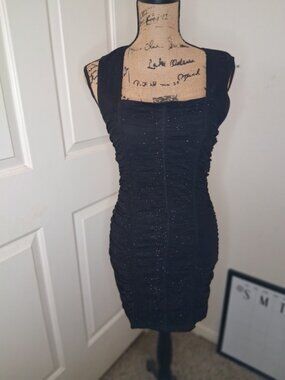 Crystal Doll Black Glitter Ruched Bodycon Mini Dress Size M – Date Night Party